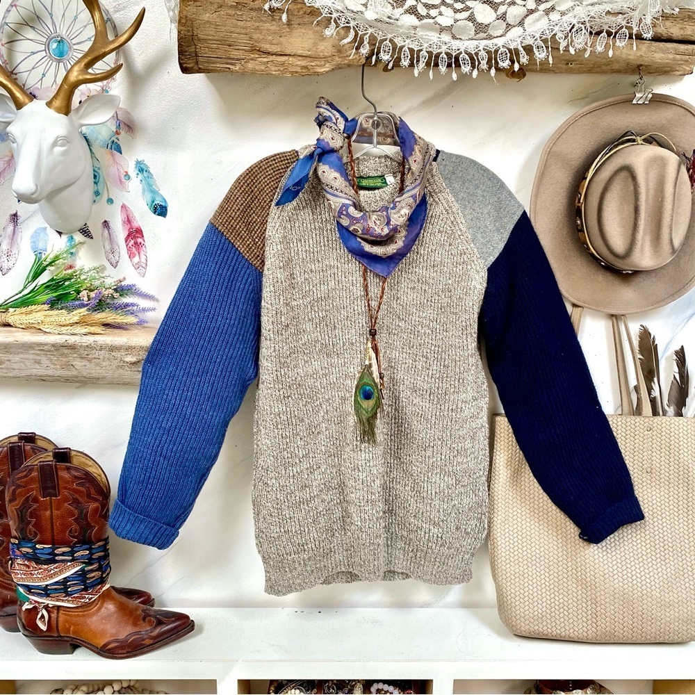 Woven in Scotland patchwork boho tweed wool sweater w equestrian farmhouse vibe